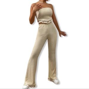 Cream Waffle/Knitted Tie Back Tassel Hem Tube Top & Wife Leg Pants Set | S | NWT